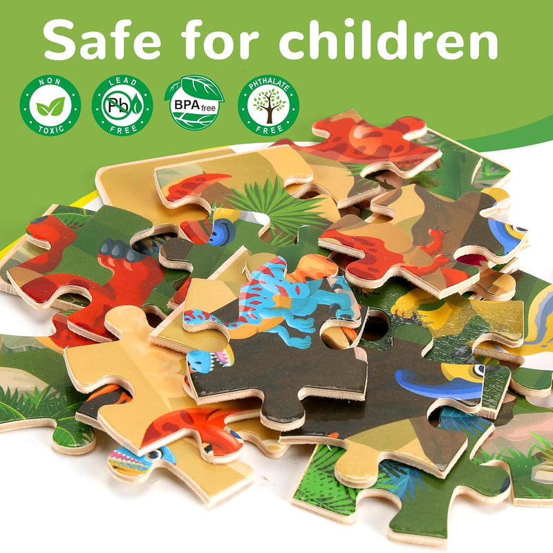 Wooden Dinosaur Puzzles for Kids 3-5, 20-Piece Wood Jigsaw Puzzles, Preschool Educational Brain Teasers