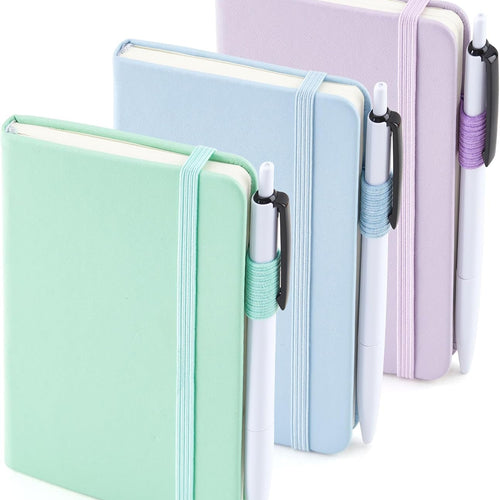 feela 3 Pack Pocket Small Notebook Journals, Mini Cute Hardcover College Ruled Notepad Women Office Supplies, with 3 Black Pens, 3.5”x 5.5”, A6, Pastel Colors, Light Blue, Light Purple, Light Green
