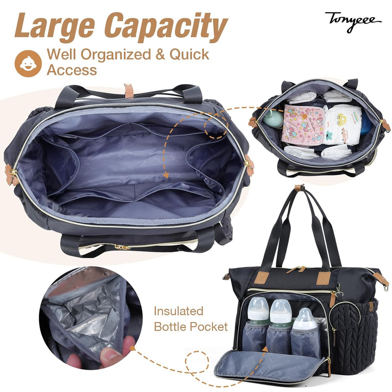 Diaper Bag Tote, Large Baby Hospital Bag for Labor Delivery Mom | Travel Diaper Tote with Changing Pad, Pacifier Case, Insulated Pockets, Luggage Sleeve, Shoulder Strap, Quilted Black