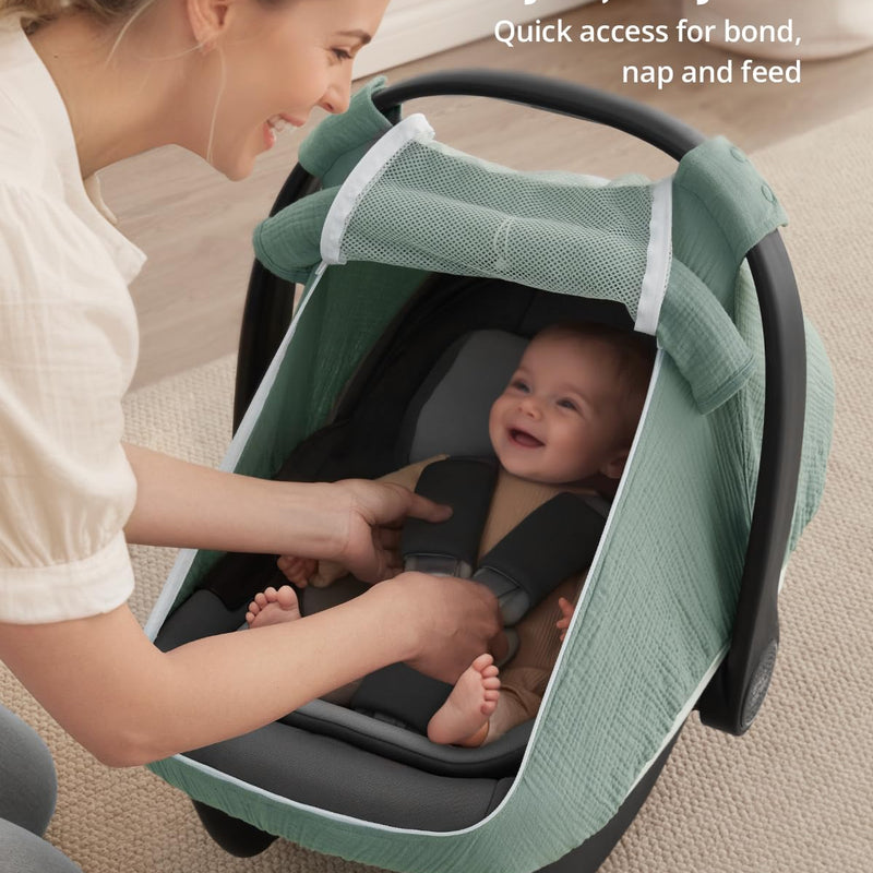 Blissful Diary Baby Car Seat Cover, Extra Large Mesh Window, Breathable Muslin Cotton, Infant Windproof Canopy, Must-Have Baby Gift - Roman Green