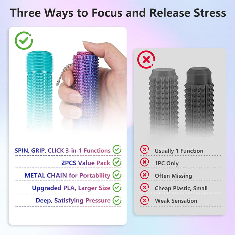 New Little Ouchies Pain Fidget, 3D Printed Pain Stim Fidget for Adult , Spiky Grippy Stim Keychain with [Spinner & Clicker] Functions, Sensory Toys for Stress Relief - 2 Pack