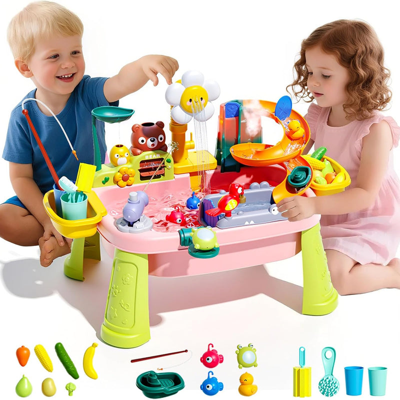 Ploomi 2026 Upgraded Water Table for Toddlers 1-3 - Outdoor Toys for Kids Ages 4-8 with Pump, Summer Outside Sensory Activity Pool Toys, Kitchen Play Sink Toy with Running Water, Fishing Toy, Pink