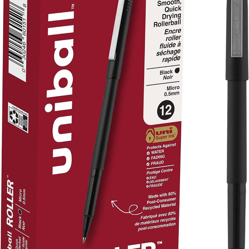 uniball Roller Rollerball Pens, Micro Point (0.5mm), Black, 12 Pack