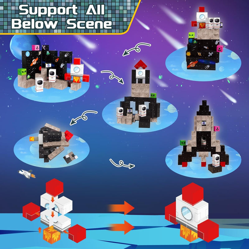 Goody King 100PCS Space Rocket Magnetic Building Blocks |Space Adventure Magnetic Blocks Set, STEM Montessori Stacking Toy, Building Playsets for Boys and Girls Ages 3-10,Sensory Tile Birthday Gifts