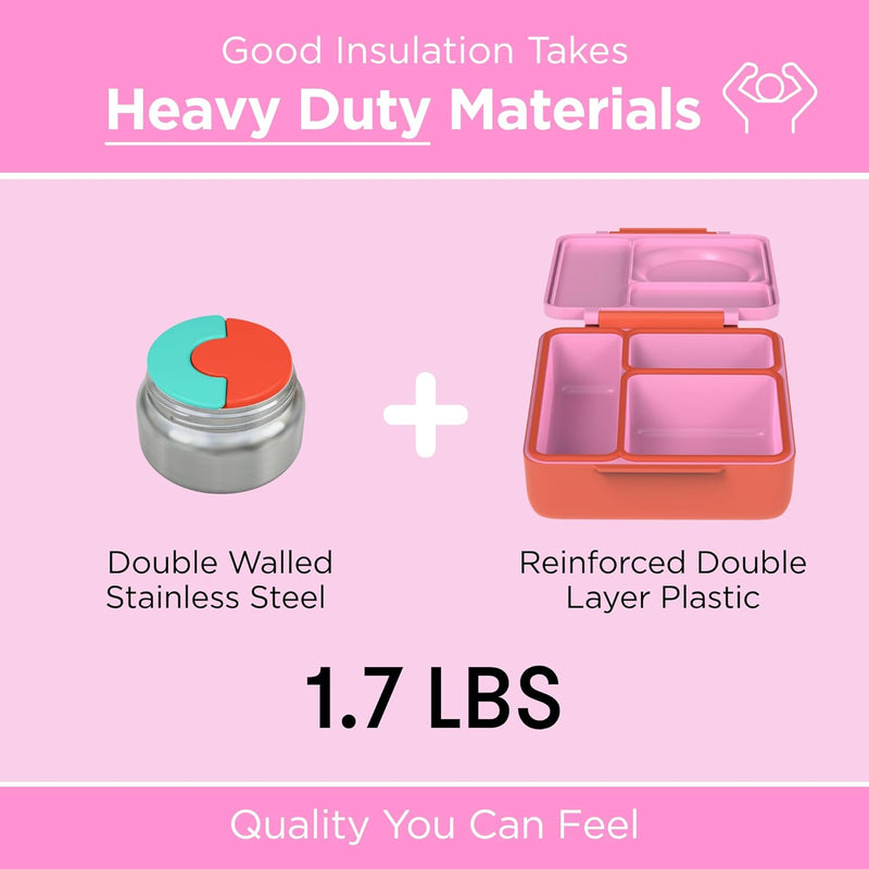OmieBox Bento Box for Kids - Insulated Bento Lunch Box with Leak Proof Vacuum Insulated Food Jar - 3 Compartments, Two Temperature Zones (Pink Berry)