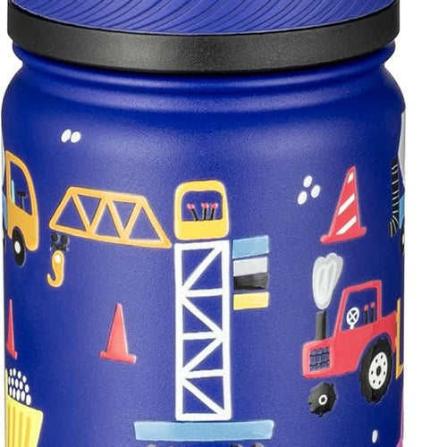 Fanhaw 14 oz Kids Water Bottle for School, Insulated Water Bottle with Straw Lid, Stainless Steel Vacuum Insulated Bottle for Boys & Girls, Leak-Proof, BPA Free(Blue - Under Construction)