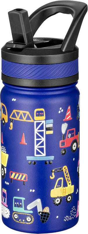Fanhaw 14 oz Kids Water Bottle for School, Insulated Water Bottle with Straw Lid, Stainless Steel Vacuum Insulated Bottle for Boys & Girls, Leak-Proof, BPA Free(Blue - Under Construction)