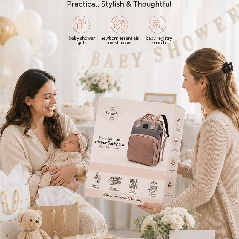houscly Diaper Bag Backpack with Changing Station, 25L Large Capacity | Multifunction baby bag, baby registry search, baby girl newborn essentials must haves, baby shower gifts, pink