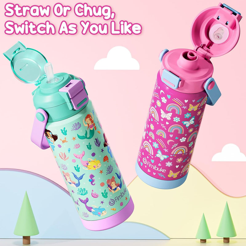 Fimibuke 18oz Kids Insulated Water Bottle with 2-in-1 Straw & Spout Lid | Leak Proof 18/8 Stainless Steel Vacuum Tumbler with Pop-Open Lid, BPA-Free Kids Cup for Travel School Girl Boy Toddler 2 Pack