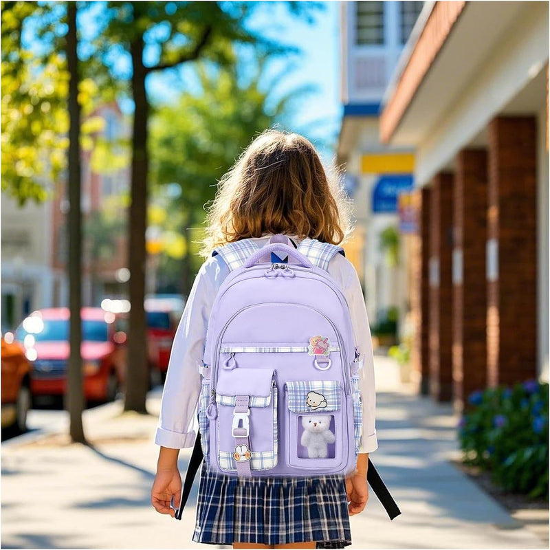 PRLINJSK Girls Backpack，Cute School Backpack for Girls Kids Teens，Kawaii Bookbag for Primary Elementary，Purple