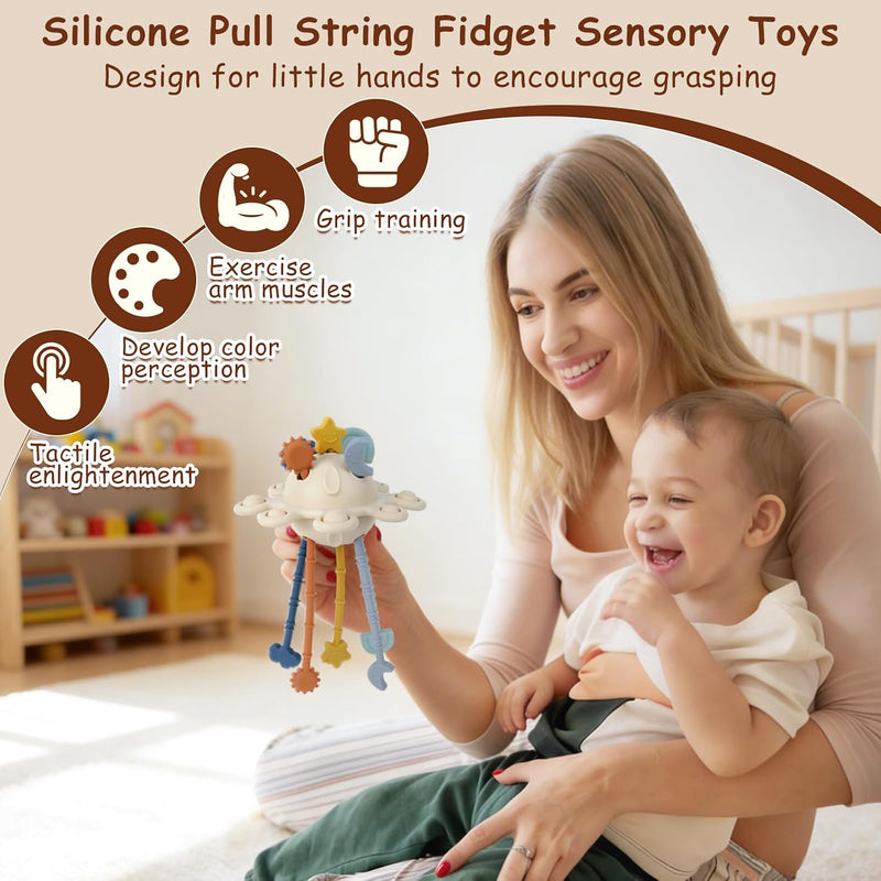 TYRY.HU Silicone Baby Sensory Montessori Toys,Silicone Pull String Fidget Toys for Babies 18 Months+, Travel Toy for Plane, Car, and Stroller, Early Educational Fine Motor Skills Toy for Toddlers