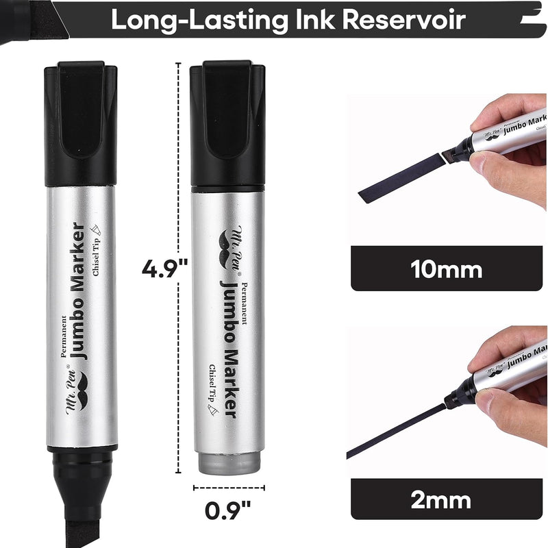 Mr. Pen- Jumbo Permanent Markers, 4 Pack, Black, Chisel Tip | Wide Tip, Large, Thick Permanent Markers for Canvas, Posters Board, Fabric, Window, Glass, Wood, Waterproof, Quick Dry