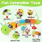 Topsochir Baby Sensory Toys 0-6 Months Music Animal Stuffed Plush Caterpillar Toy for Infant 0-3-6-12 Month Old Tummy Time with Mirror Crinkle Rattle Toys for Newborn Boys Girls Shower Birthday Gifts