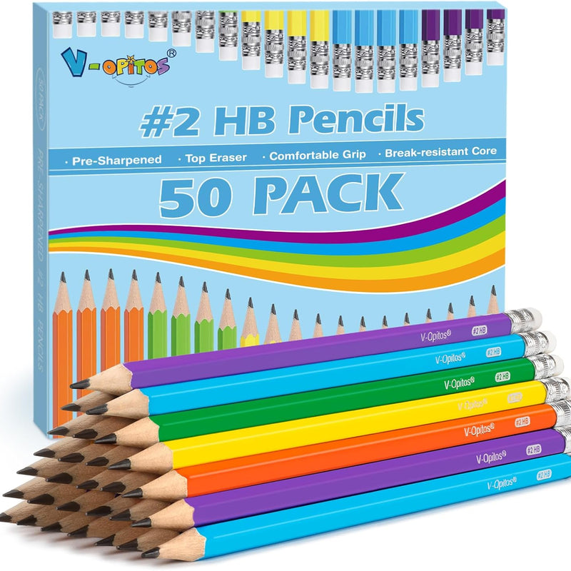 V-Opitos Wood-Cased #2 HB Pencils, 50 Pack Bulk Yellow Pencils with Erasers, Pre-Sharpened, School Classroom Teacher Supplies for Writing, Drawing and Sketching