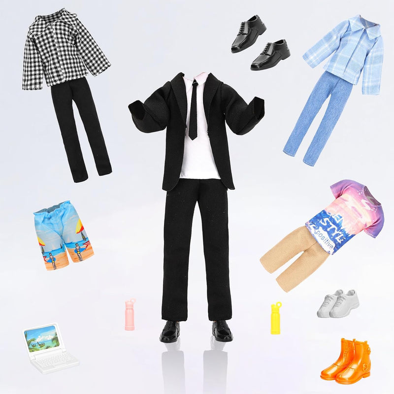 Miunana Lot 16 Items Doll Clothes & Accessories Classic Black Suit for Boy Doll Include Random 4 PCS Casual Wear + 5 PCS Dolls Pants + 3 Pairs of Shoes Laptop Water Bottles