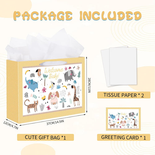 woric 14.5" Baby Gift Bag for Baby Shower Boys Girls Birthday Party | Include Tissue Paper and Greeting Cards, Ribbon Handles, Cute Animals Design, for Baby Shower and Birthday Gifts