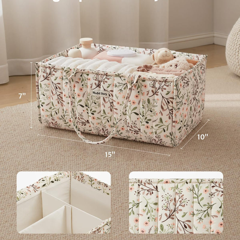 Blissful Diary Floral Diaper Caddy Organizer, Stylish Nursery Storage Basket, Diaper Bag,Gift for Baby Shower, Baby Registry Must Have, Newborn Essentials, Pastoral Daisy