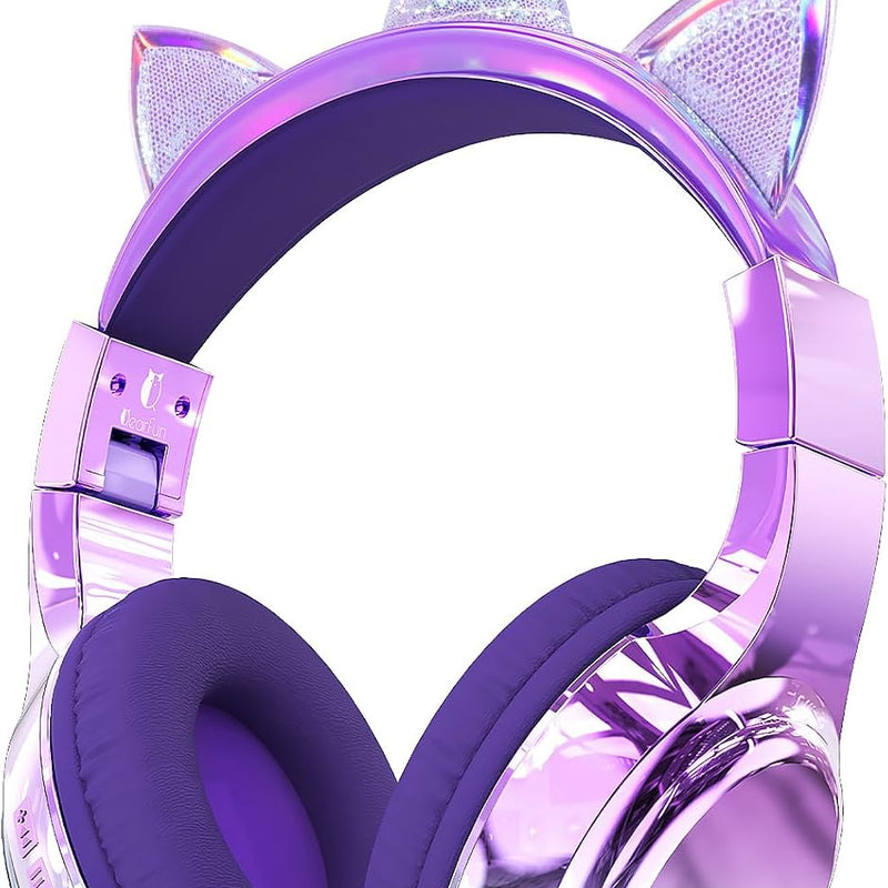 QearFun Kids Cat Ear Bluetooth Headphones, 60H, 74/85/94dB Volume Limit | Wireless headphones for kids with mic, fast charging, foldable design, wired mode for girls boys, school, tablet, travel