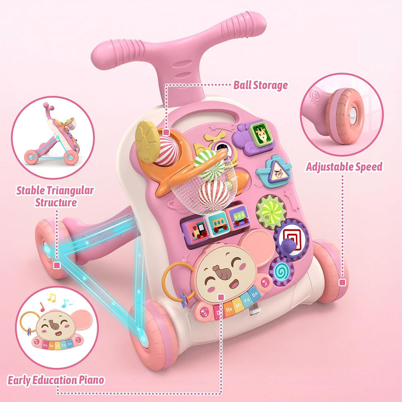 QDRAGON 3 in 1 Baby Walker and Activity Center for Girl 12-18 Months, Pink | Baby Push Walker, Sit to Stand Learning to Walk, Early Educational Push Toys with Music Panel for Infant Toddler