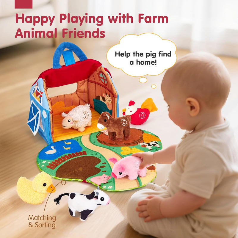 hahaland 6-12 month baby surprise barn with farm animals and real sounds - montessori toys for infants
