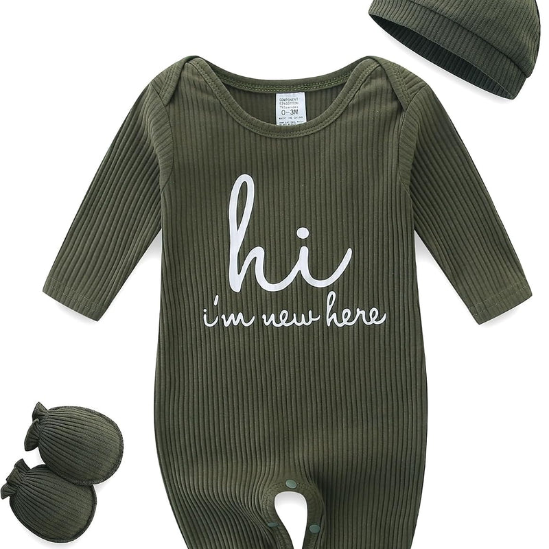 Baby Romper with Baby Mittens & Newborn Hats Footless Long Sleeve | Solid Onesie Hi Im New Here Baby Clothes Boy Girl Newborn Onesie Romper 0-3 Months Baby Boy Stuff Coming Home Outfit Gifts
