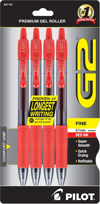 Pilot G2 Pens, Premium Refillable and Retractable Rolling Ball Gel Pens, Fine Point, 0.7mm, Black Ink, 4-Pack