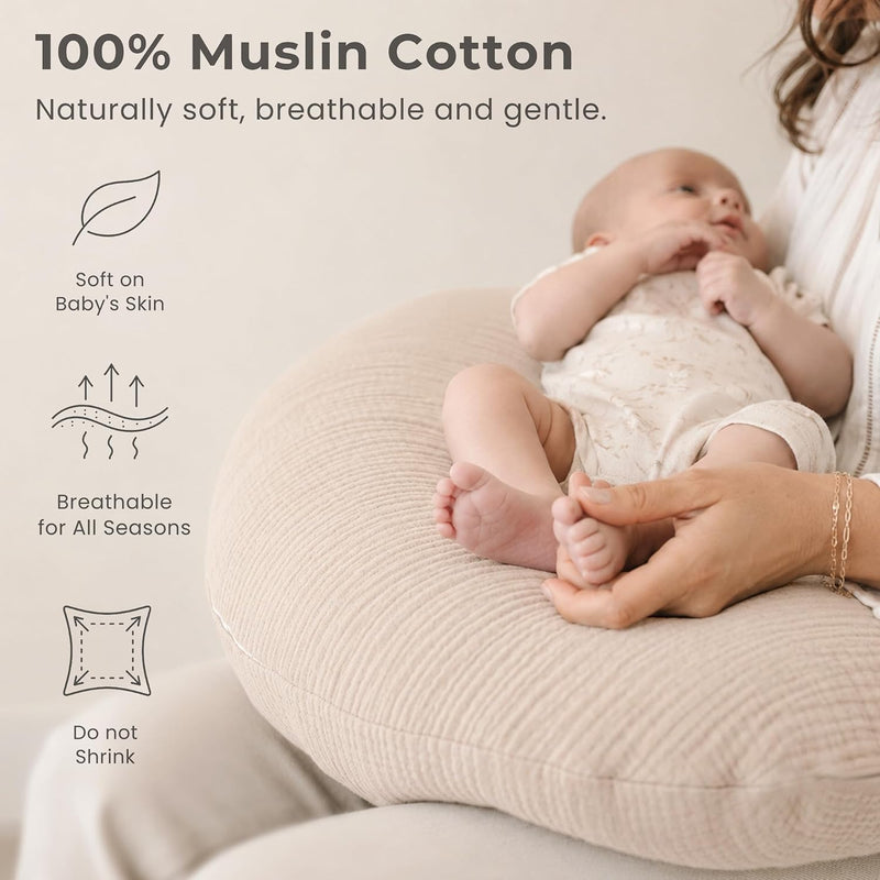 Konssy 2-Pack 100% Cotton Muslin Nursing Pillow Covers, Soft Cover for Baby | Covers Only, Breastfeeding Pillows Slipcovers for Baby Boys & Girls, Hidden Zipper, Machine Washable, (Fog Green, Cream)