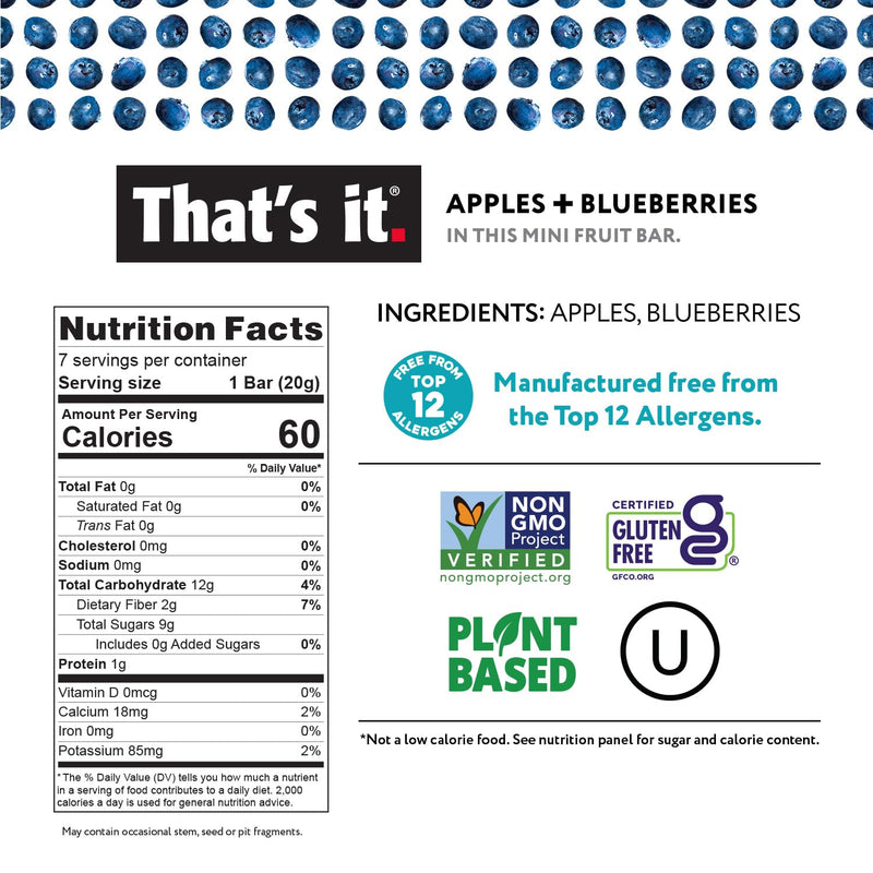 That's it. Mini Fruit Bars (Variety 35 Pack) No Sugar Plant-Based, Vegan & Gluten Free, Breakfast Bar, Paleo, for Children, Non GMO, Fiber (7 Blueberry, 7 Cherry, 7 Fig, 7 Mango, 7 Strawberry)