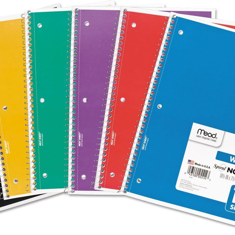 Mead Spiral Notebook, 4 Pack, 1 Subject, Wide Ruled Paper, 7-1/2" x 10-1/2", 70 Sheets per Notebook, Colors Will Vary (930200-ECM25)