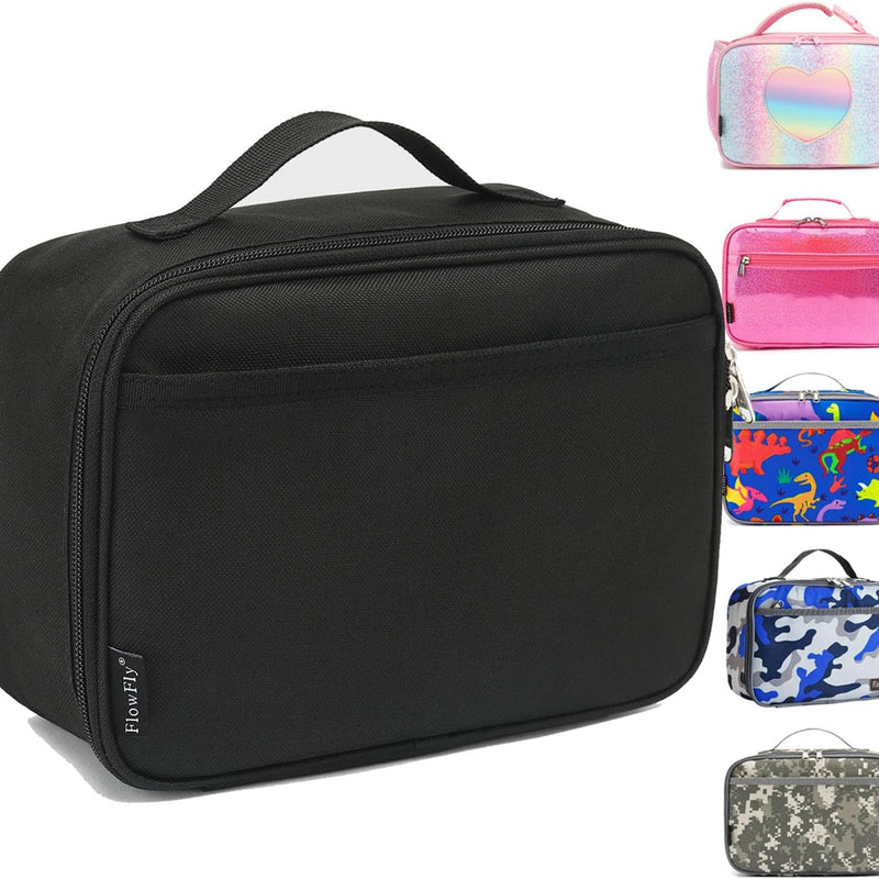 FlowFly Kids Lunch box Insulated Soft Bag Mini Cooler Back to School Thermal Meal Tote Kit for Girls, Boys, Black