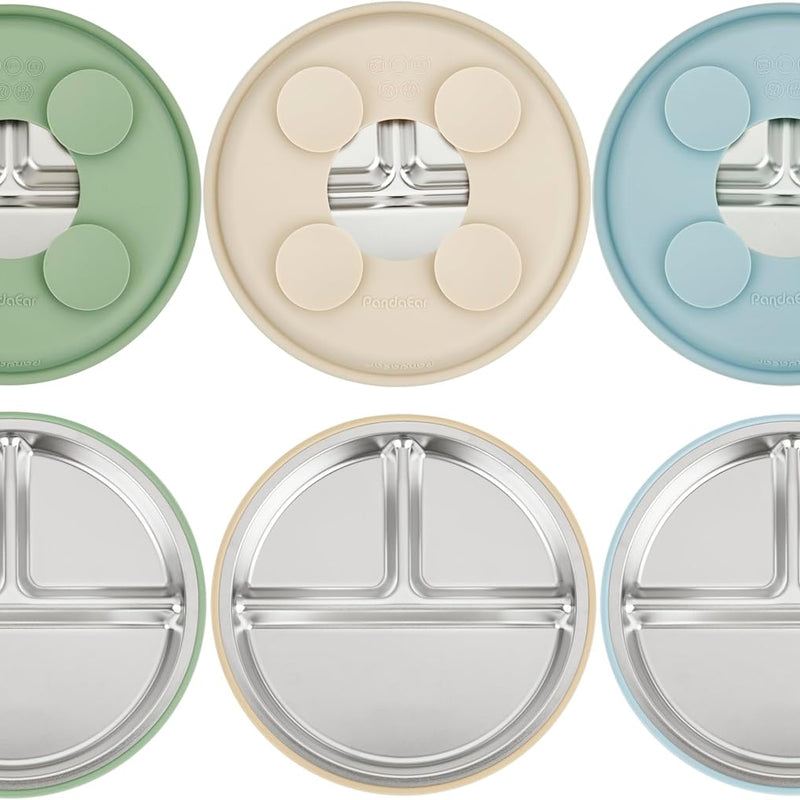PandaEar 3 Pack Stainless Steel Baby Suction Plates, Divided Toddler Plate for Baby Led Weaning Supplies, Non-Slip Toddler Baby Feeding Set Dishwasher Safe (Blue/Green/Brown)
