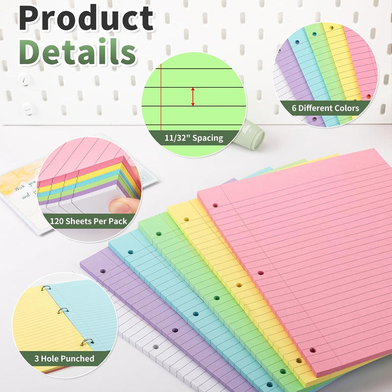 120 Sheets Loose Leaf Binder Paper, 6-Color Wide Ruled Lined Paper, 8” x 10.5”, 3-Hole Punched Notebook Paper Writing Paper for School Office