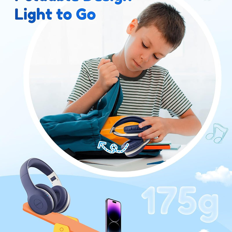 EarFun K2 Kids Bluetooth Headphones for School, Kids Headphones with Mic | Volume Limited, 40H Playtime, Built-in Mic, Stereo Sound, Foldable Over-Ear Headphones for Kids/Toddler/Travel/Tablet, Blue