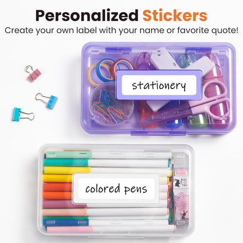 Sooez Pencil Box with Personalized Sticker, Large Hard Pencil Case Organizer, Clear Plastic Crayon Box for Girls and Boys, Colored Marker Organizer, Small Plastic Containers/Bins with Lids, Art Supply