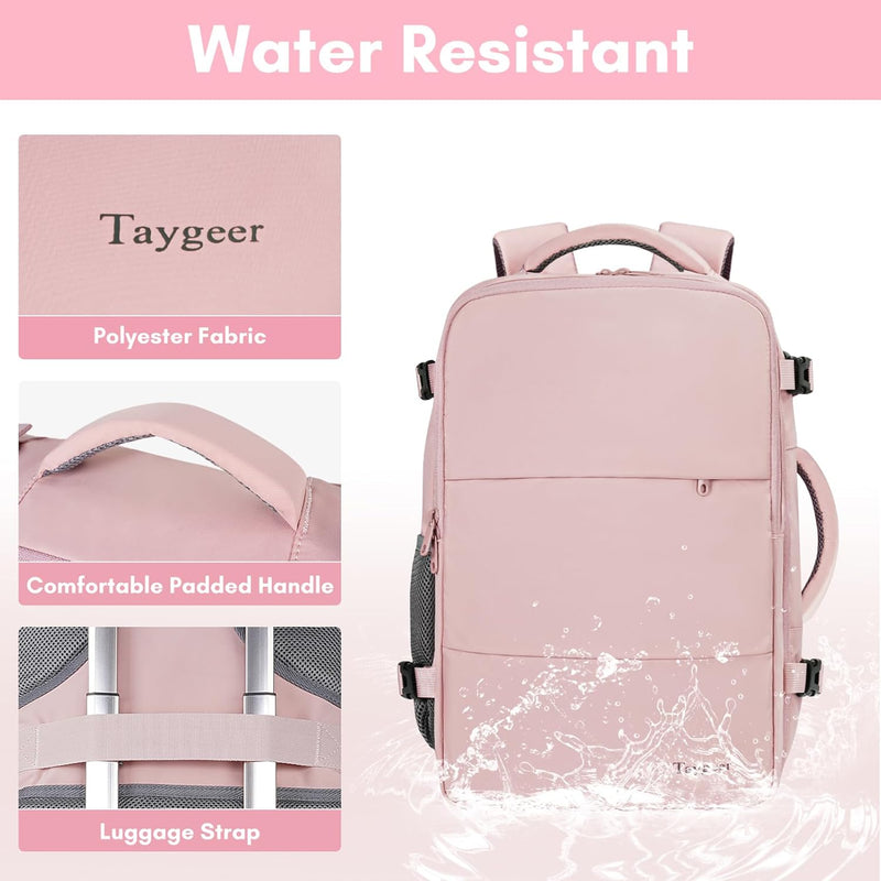 Taygeer Travel Backpack for Women, Carry On Backpack with Water Bottle Pocket & Shoe Pouch, TSA 15.6inch Laptop Mochila Flight Approved, Nurse Bag Casual Daypack for Weekender Business Hiking, Pink