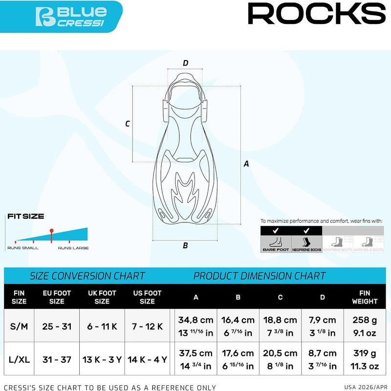 Cressi Rocks Fins, Kids Open Heel Short Fins with Adjustable Straps for Snorkeling and Swimming - Cressi: Quality Since 1946