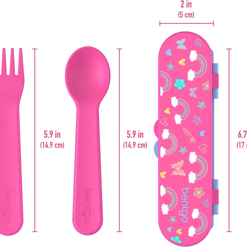 Bentgo® Kids Plastic Utensil Set - Reusable Fork, Spoon & Storage Case, PFAS- & BPA-Free, Easy-Grip Handles, Lightweight, Dishwasher Safe, School Lunch, Travel & On-the-Go (Rainbows and Butterflies)