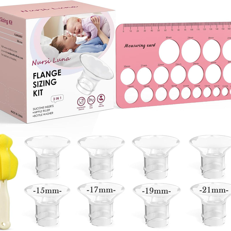 Nursi Luna Flange Sizing Kit for 24mm Breast Pumps, 10PCS | 13/15/17/19/21mm Flange Inserts, Nipple Measurement Tool, Fit Electric & Manual Pumps, Soft Silicone, Comfortable Pumping