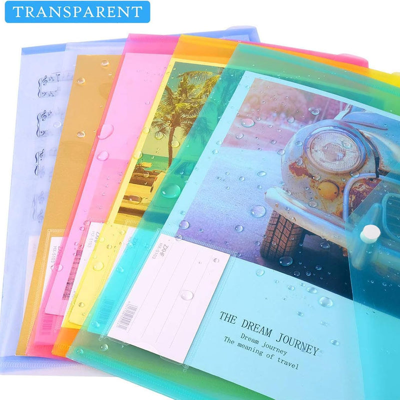 10 Pack Plastic Envelope Folders with Label Pockets, 5 Colors 2 Each, Clear Poly File Folders Letter Size/A4, Hook and Loop Closure Document Envelopes for School Office Home