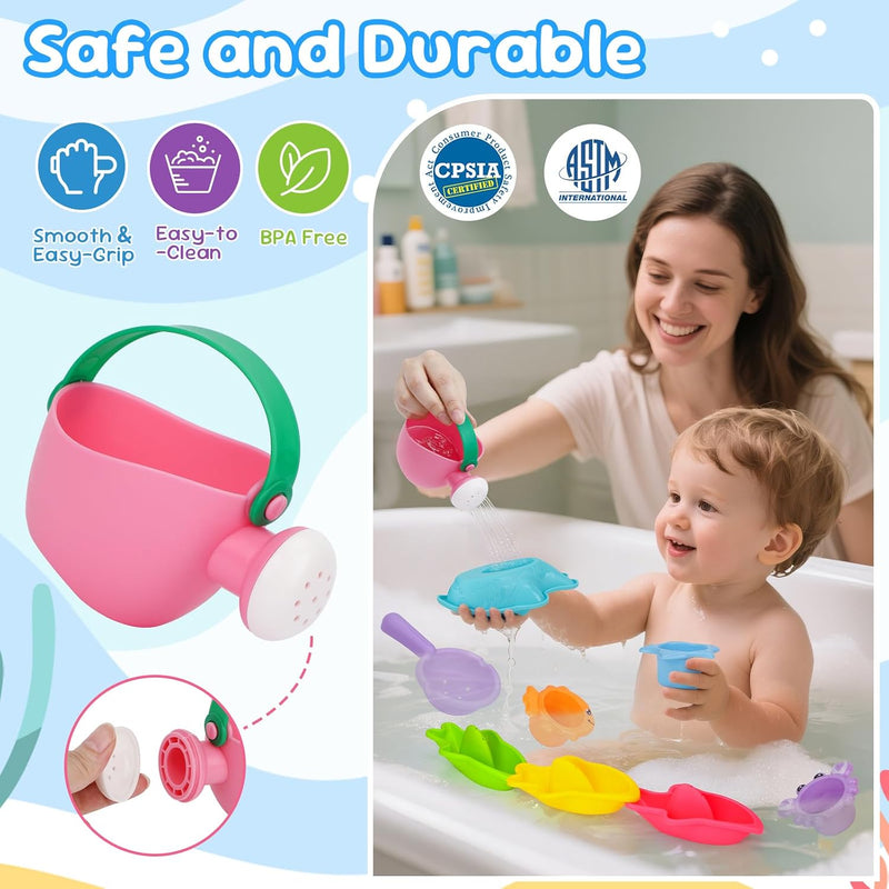 Fajiabao Toddler Bath Toys for Kids Ages 1-3 Multi-Play in Tub Water Pool | Learning Mold Free Bath Toys with Color Stacking Cups & Watering Can Interactive Shower Toys for 1 2 3 4 5 6 Birthday Gifts