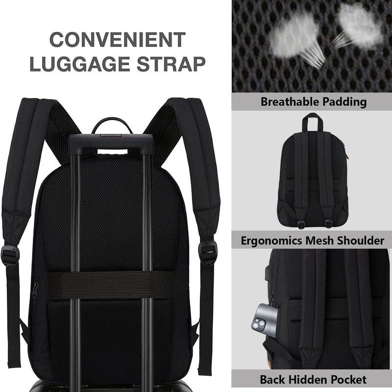 KEOFID Travel backpack for Men and Women, Anti Theft Laptop Backpack with USB Charging Port for Work, Large Bag for College, Carry-on Backpack with Luggage Strap, Water Resistent(Black)