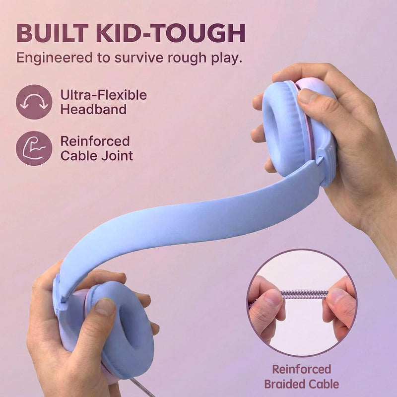 ADOOPE Wired Kids Headphones with USB C Plug, 85dB Safe Volume, Adjustable Headband, Tangle-Free Cord Headphones for School, Tablet, Travel (Light Purple & Pink, Without Microphone)