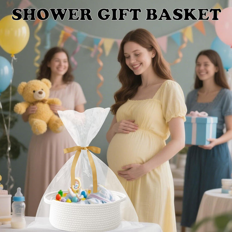 White Woven Rope Basket,Baby Gift Basket with Bag & Ribbon | Cotton rope with handle, 12x8x5 in, gift bag and ribbon, for baby shower, birthday, toy storage, nursery, shelf decor