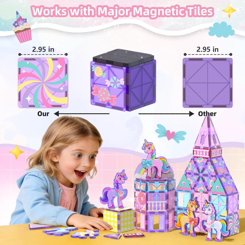 GobiDex 100PCS Unicorn Magnetic Tiles with 6 Unicorns, Princess Castle Unicorn Toys for Girls Age 4-6, Magnetic Building Blocks Toys for 3 4 5 Year Old Girl Birthday Gifts