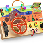 Montessori Busy Board with LED Lights & 12 Buttons, Portable Travel Toy for Toddlers 1-3 Years