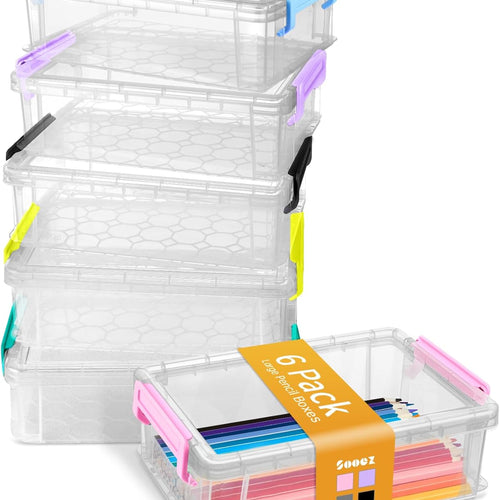 Sooez 6 Pack Extra Large Pencil Box, Plastic Hard Pencil Case Crayon Box Bulk, Clear Marker Organizer Plastic Containers with Lid, Stackable Storage Boxes for Art Craft, Back to School Supplies, Multi