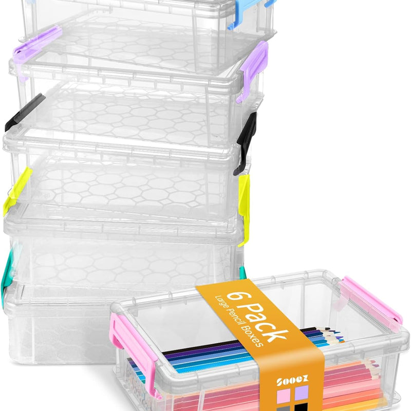 Sooez 6 Pack Extra Large Pencil Box, Plastic Pencil Case Crayon Box, Clear Marker Organizer Plastic Containers with Lid, Stackable Storage Boxes for Art Craft,Pen,Back to School Teacher Supplies, Grey