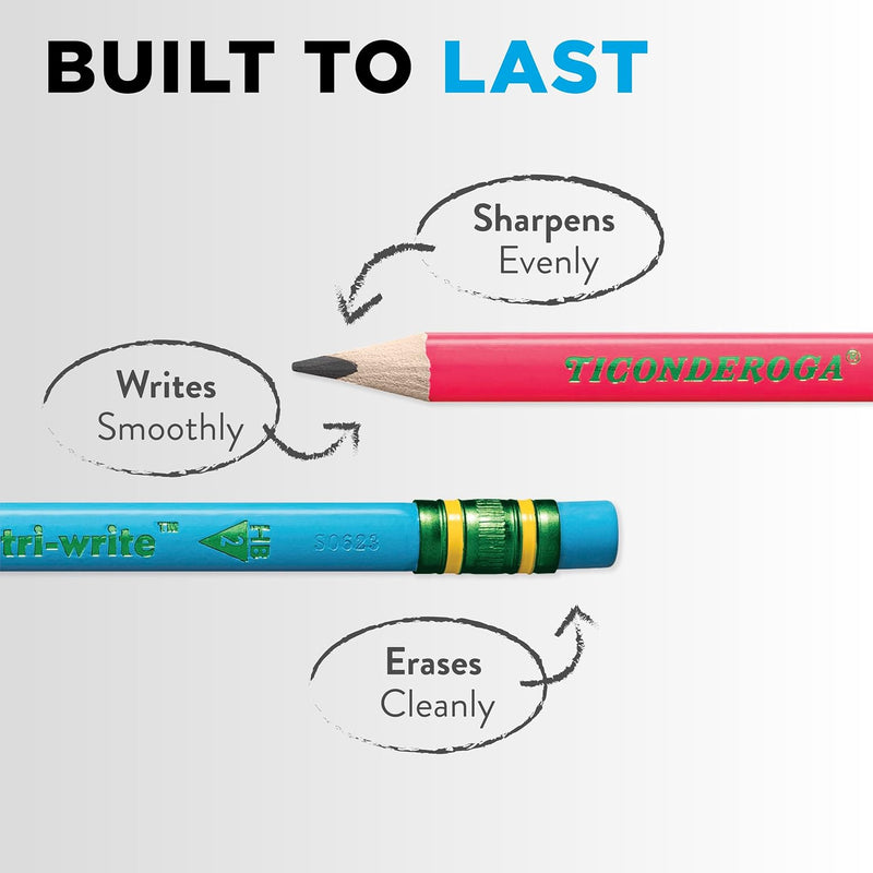 Ticonderoga My First Tri-Write Wood-Cased Pencils, Pre-Sharpened, 2 HB, With Erasers, Neon Colors, 12 Count