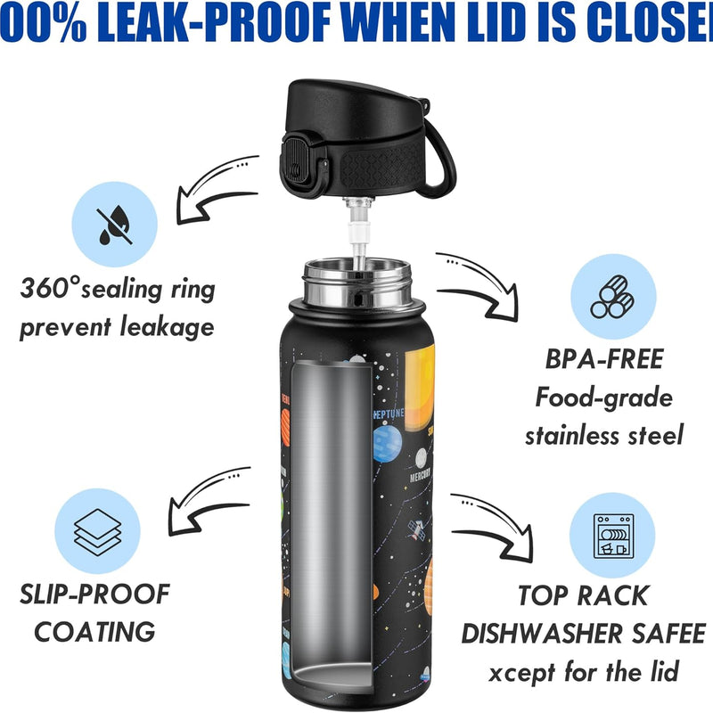 OLDLEY 20 Oz Insulated Stainless Steel Water Bottle For Kids, With Straws Leak-proof, Kids Water Bottles For School Boys Girls,Solar System