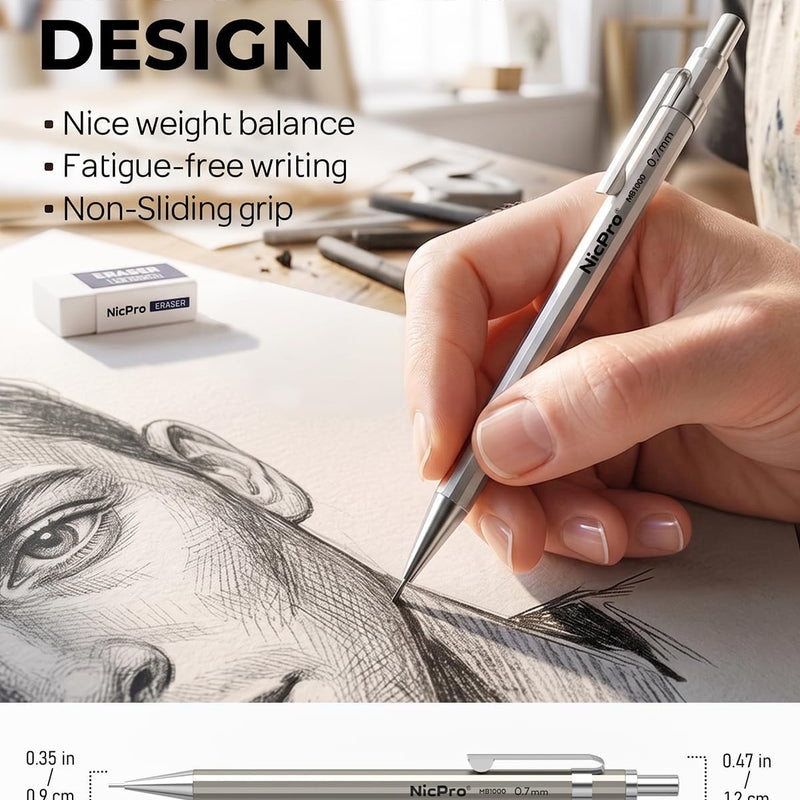 Nicpro 4 Pack Mechanical Pencil 0.7mm with Case, MB1000 Metal Mechanical Pencil Set with 6 Tube HB #2 Lead Refill 0.7 mm, 3PCS 4B Eraser, 9 Cap Eraser for Artist Drafting Writing, Sketching, Drawing